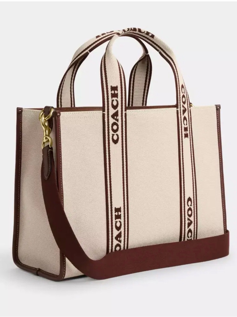 Coach Cream Canvas Tote with Brown Leather Trim and Branded Straps